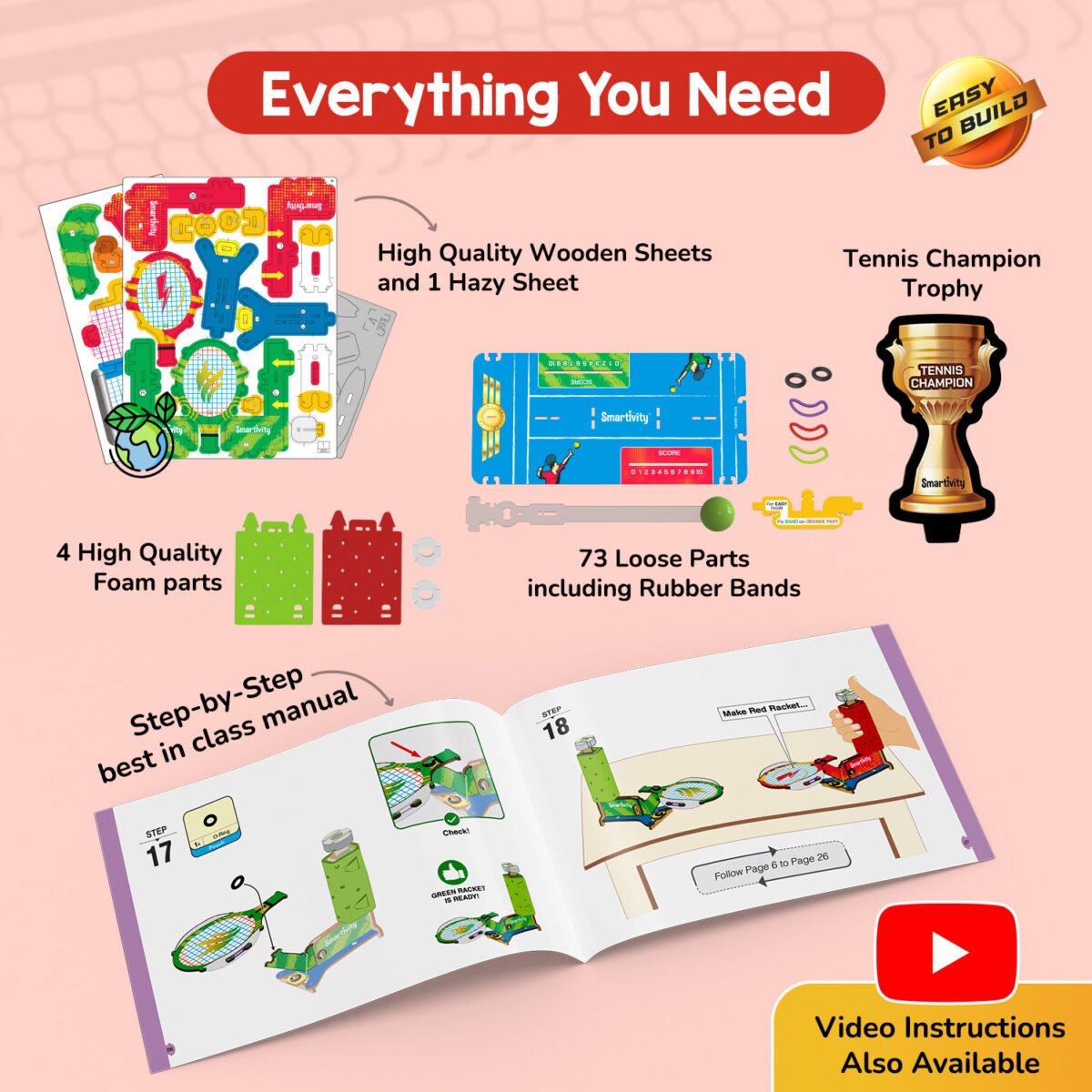 SMARTIVITY Mini Tennis | DIY STEM Tabletop Tennis Game for Kids Ages 6-14 | Build, Play & Learn | Screen-Free Educational Toy | Sustainable Wood - Image 5